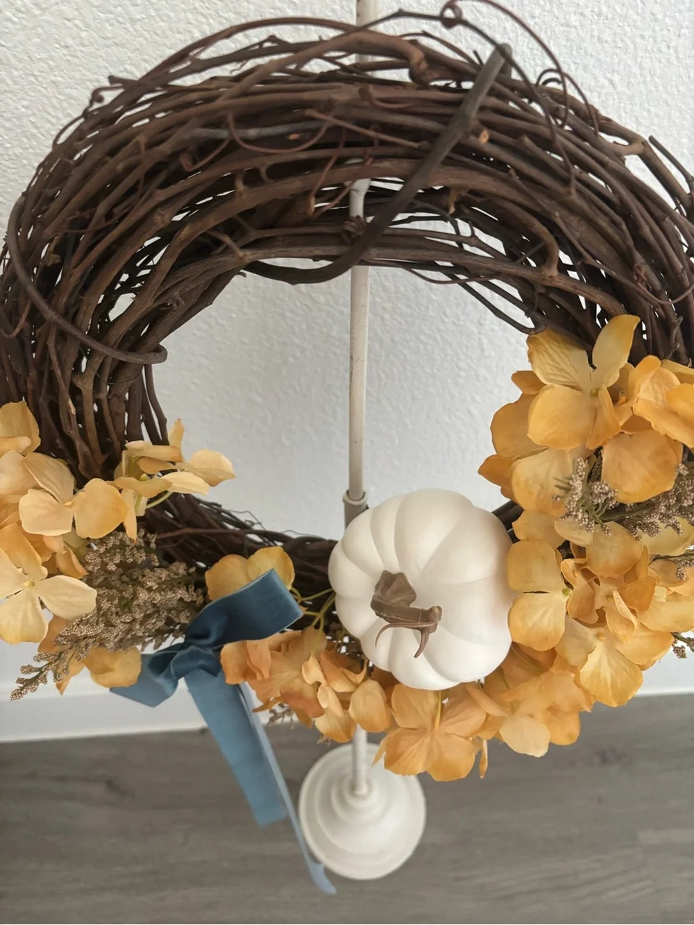 Autumn Hydrangeas Fall Harvest Wreath Pumpkin Hand Crafted w/Blue Custom Final